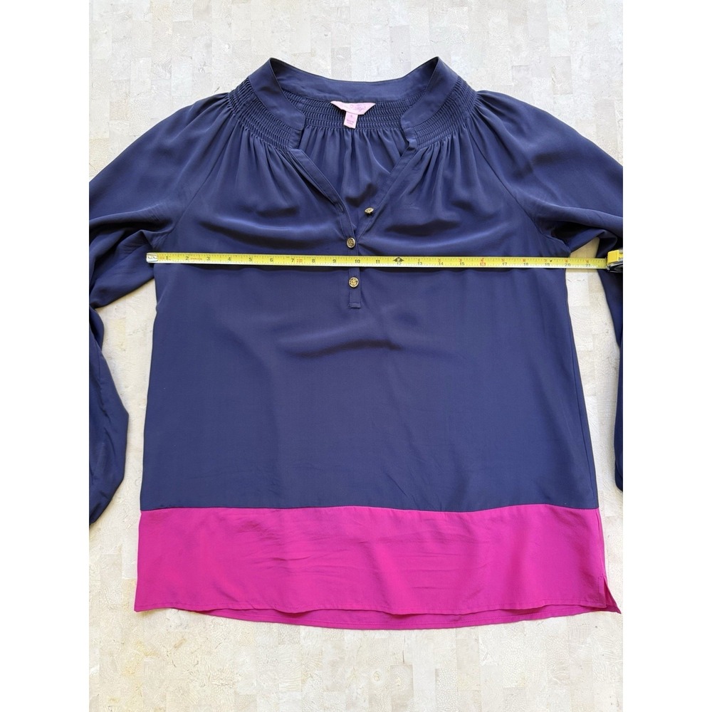 Lilly Pulitzer SILK Navy Pink Elsa Color Block Blouse Shirt Preppy Boho Sz S - Picture 3 of 6